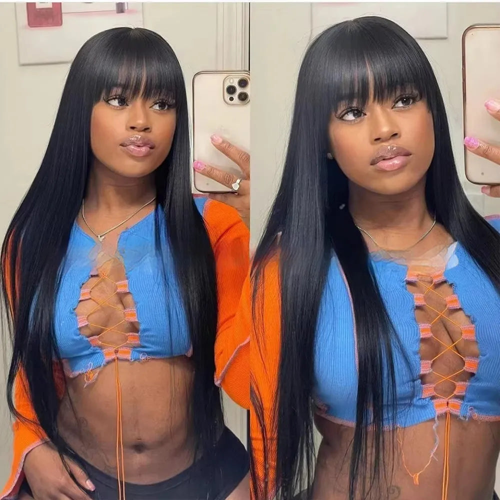 Women's natural colour human hair wig with full-mechanism headgear, shown in long length.