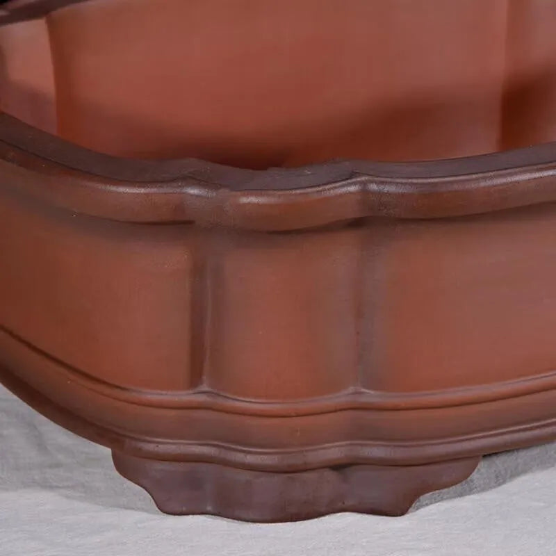 Large Chinese-style purple clay flowerpot with antique finish showing dimensions