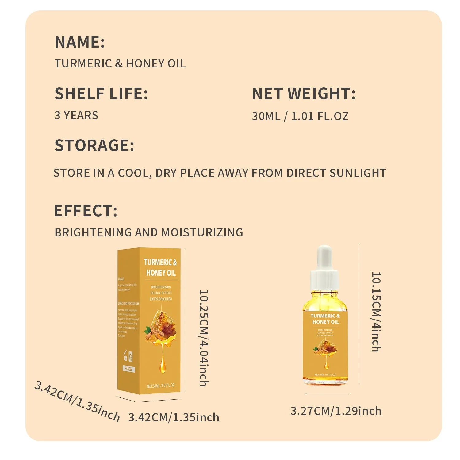 30ml bottle of turmeric honey essential oil in amber glass with neutral packaging