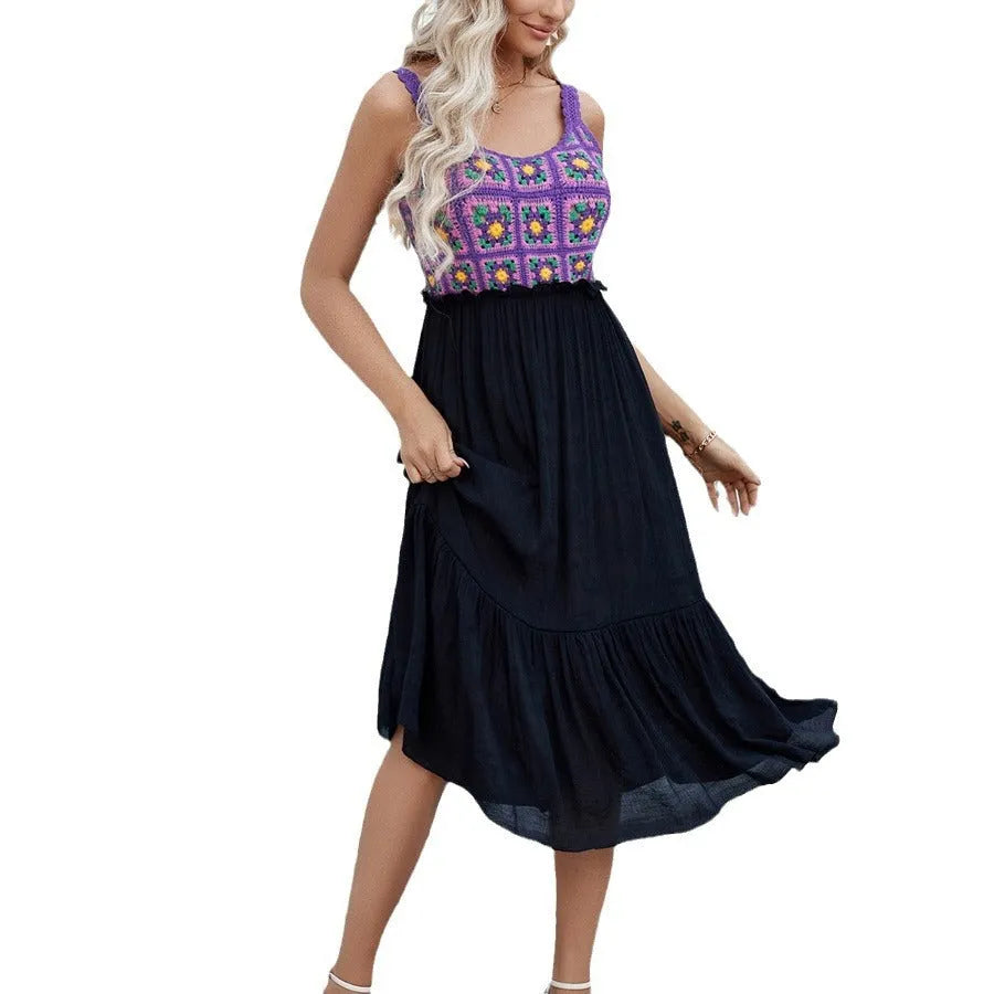 Purple sleeveless dress with hand hook floral stitching and matching acrylic skirt