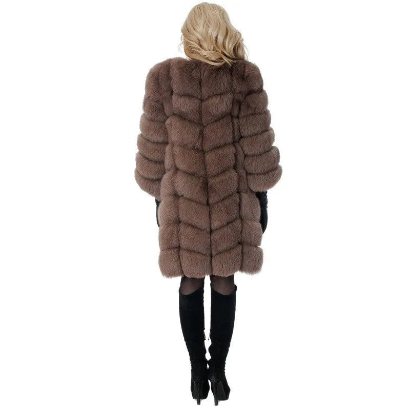 Women's thick black artificial fur coat with regular sleeves and 80cm length