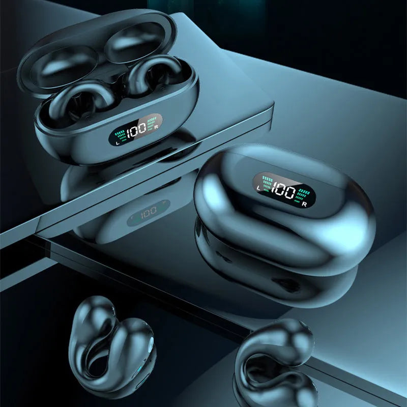 Q80 bone conduction Bluetooth headset clip in black, white, or khaki colour showing ear clip design.