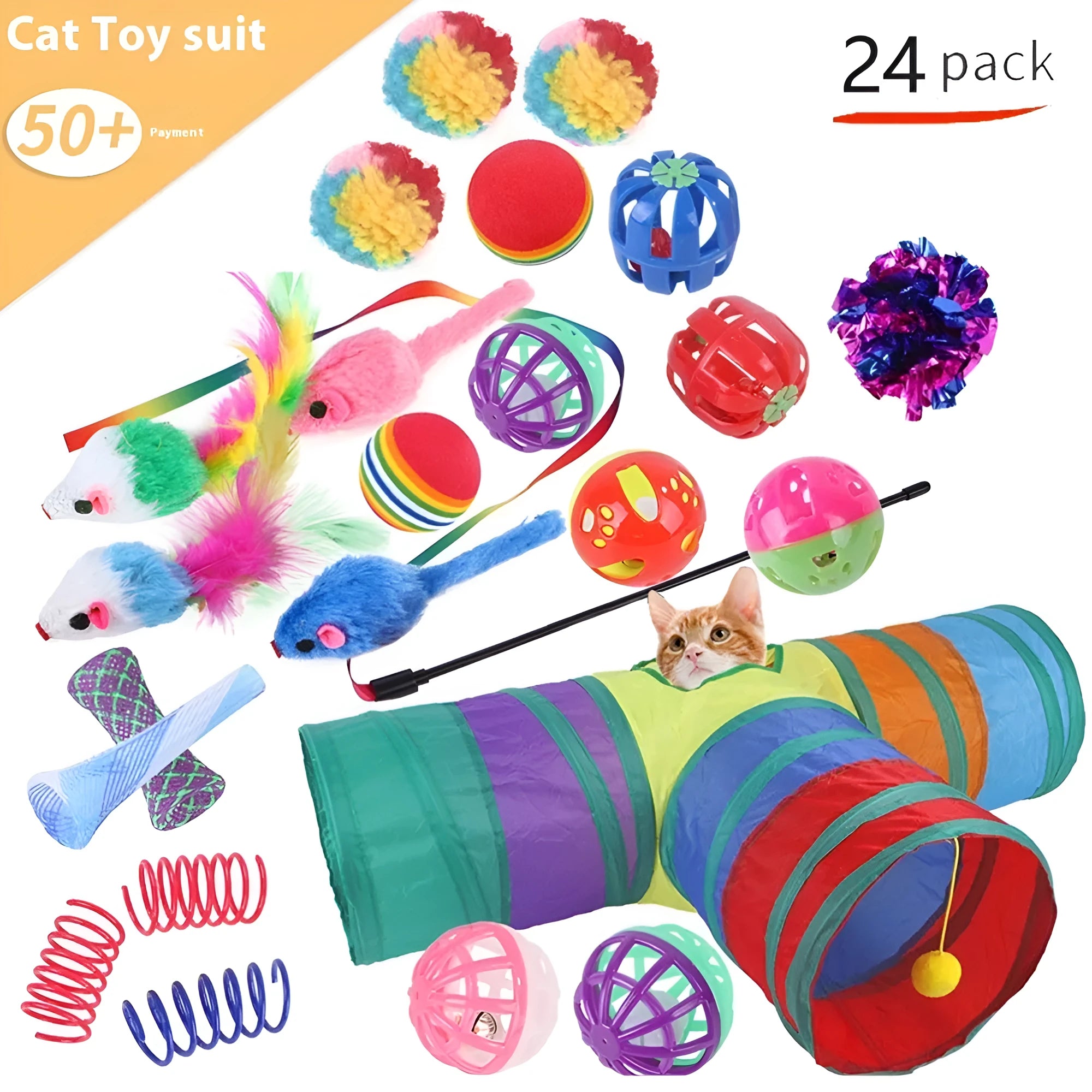 Plastic cat toy channel maze set with coloured accessories for feline play