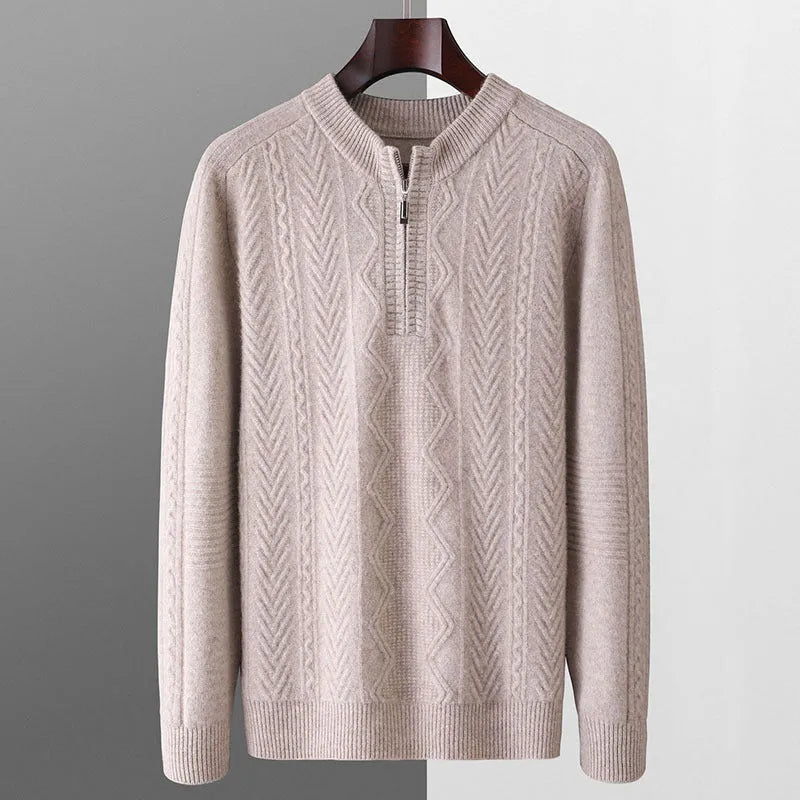 Men's pure wool diamond pattern half zip sweater in camel colour with lattice knit texture