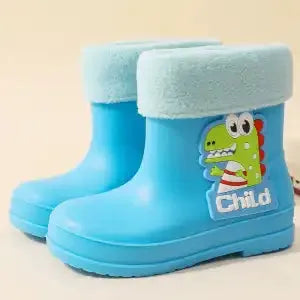 Children's waterproof PVC dinosaur shoes with thickened flexed sole, blue design, low-top unisex boots for preschool kids