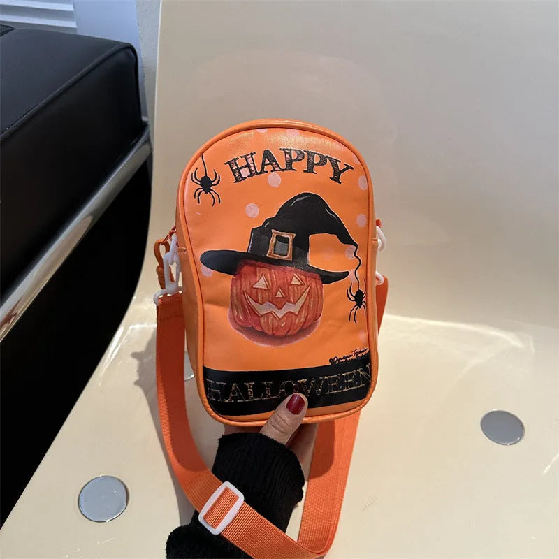 Halloween graffiti mini crossbody phone bag with cartoon pumpkin ghost bat print in black colour