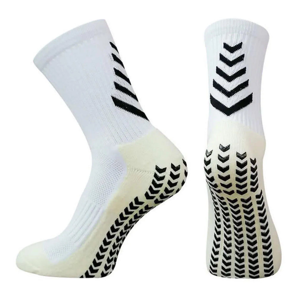 Men's mid-calf athletic socks with geometric patterns and silicone grip for running sports