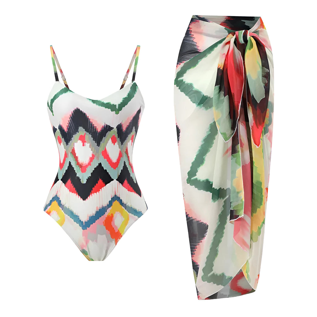 Women's two-piece swimsuit set with striped hip skirt in quick-drying polyester fabric.