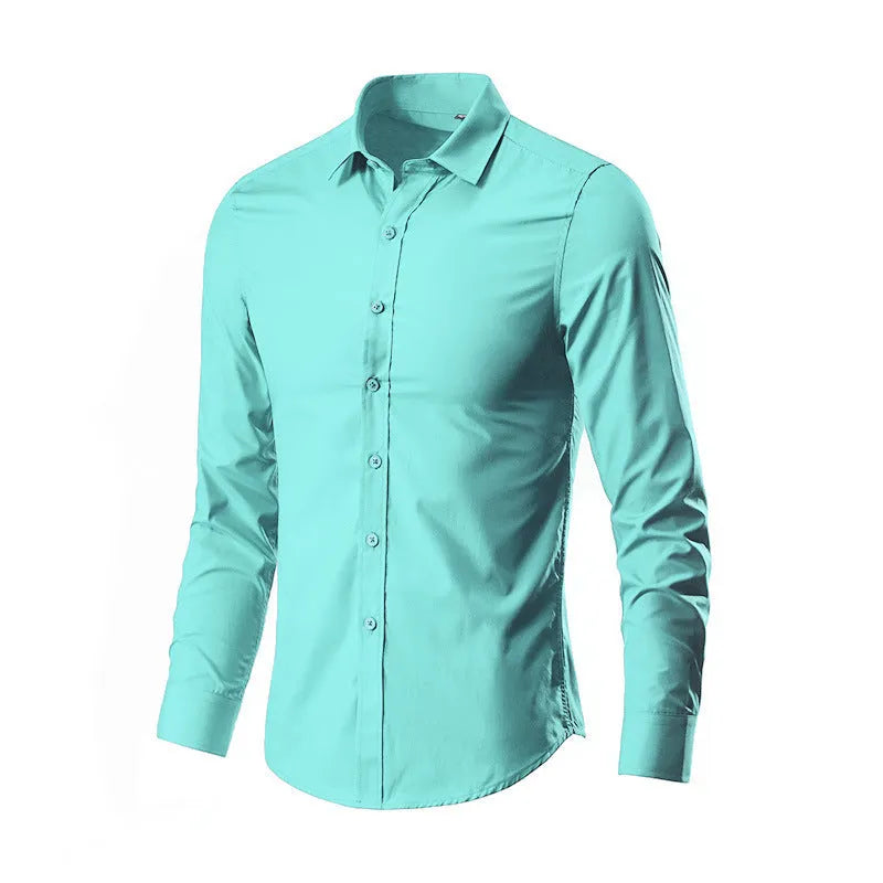 Men's loose-fit long-sleeve linen shirt shown in a neutral colour, featuring a button front and long sleeves.