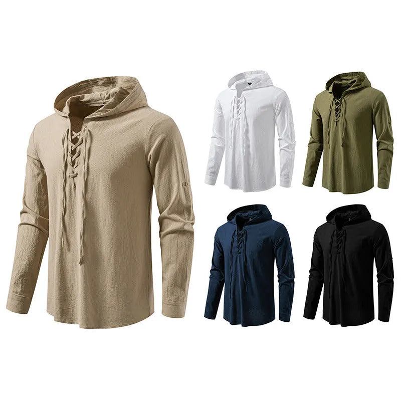 Men's cotton-linen long sleeve shirt with medieval pirate drawstring in khaki colour, slim fit, front view