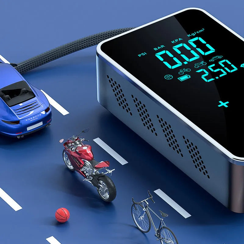 Compact black wireless car tyre inflator pump with LCD screen display on a grey background.