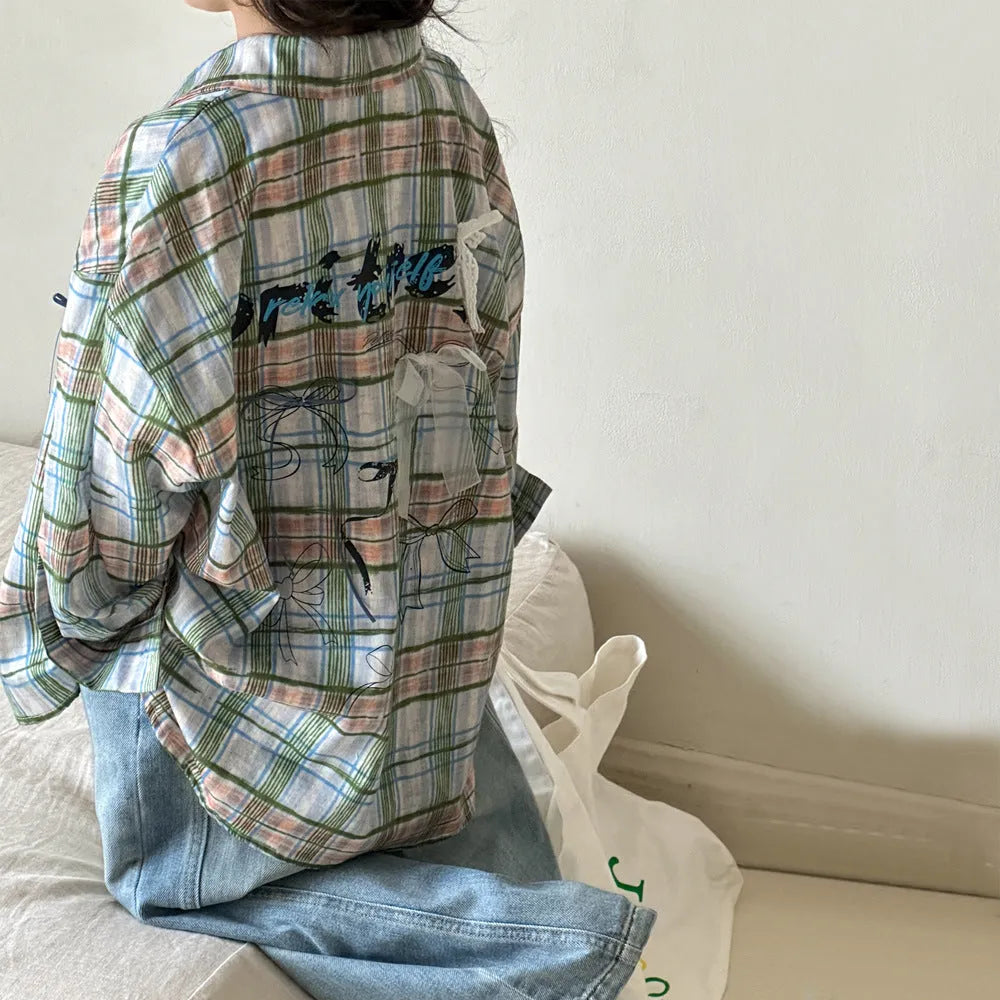 Little Red Fish girls blue plaid cotton long sleeve shirt on plain background