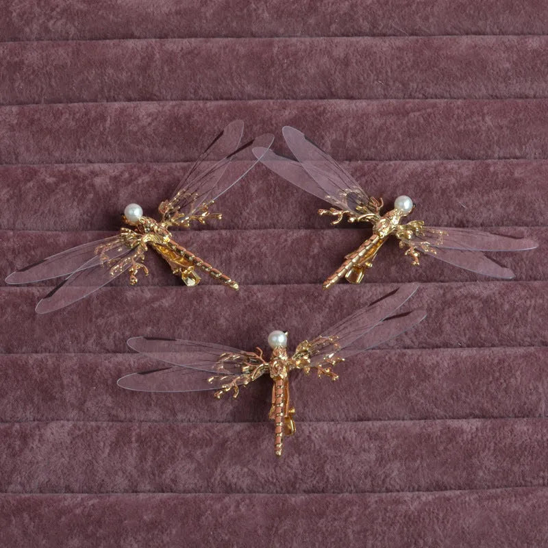 Golden dragonfly side clip headdress for women with alloy construction and electroplated finish