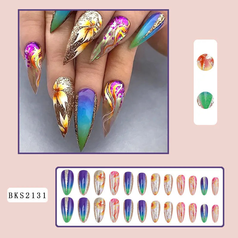 Almond-shaped false nail stickers with colourful lines and plaid patterns in four colour designs