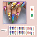 Almond-shaped false nail stickers with colourful lines and plaid patterns in four colour designs