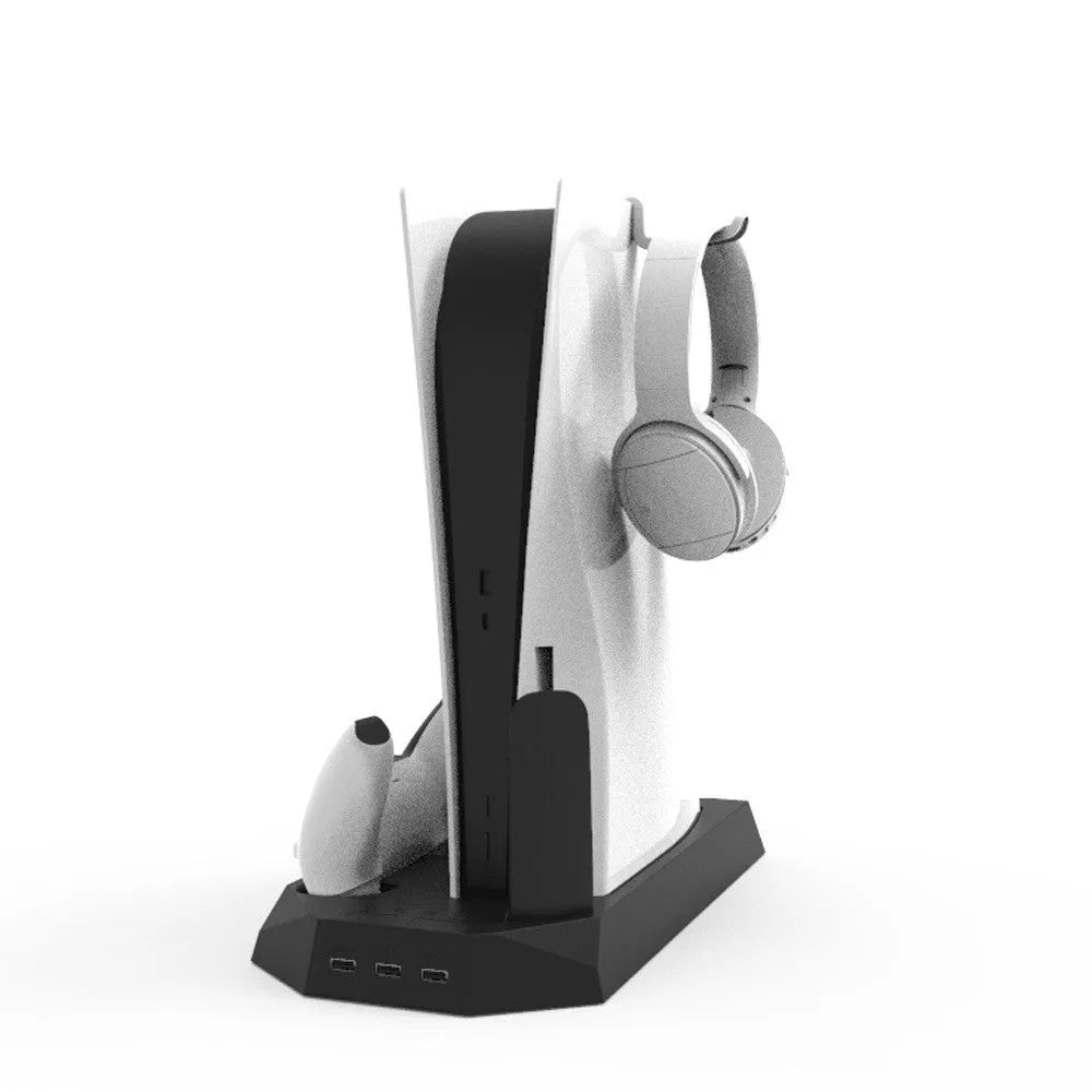 Black and white PS5 charging station with controller dock and headset hook