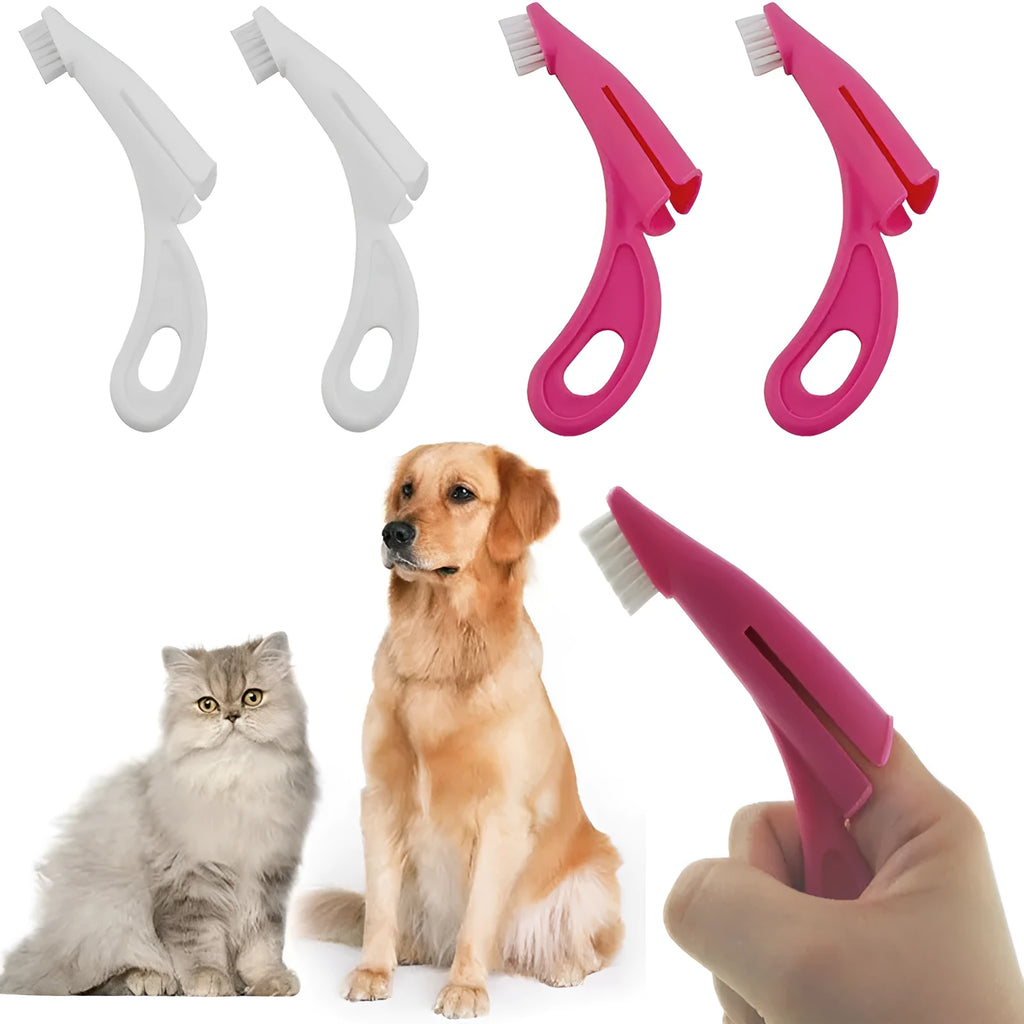 Red and white finger sleeve toothbrush for dog and cat dental care on a blue background.