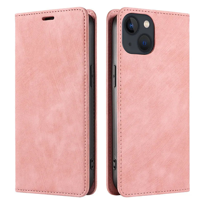 Magnetic flip phone case for iPhone in multiple colours, showing TPU body and leather cover.