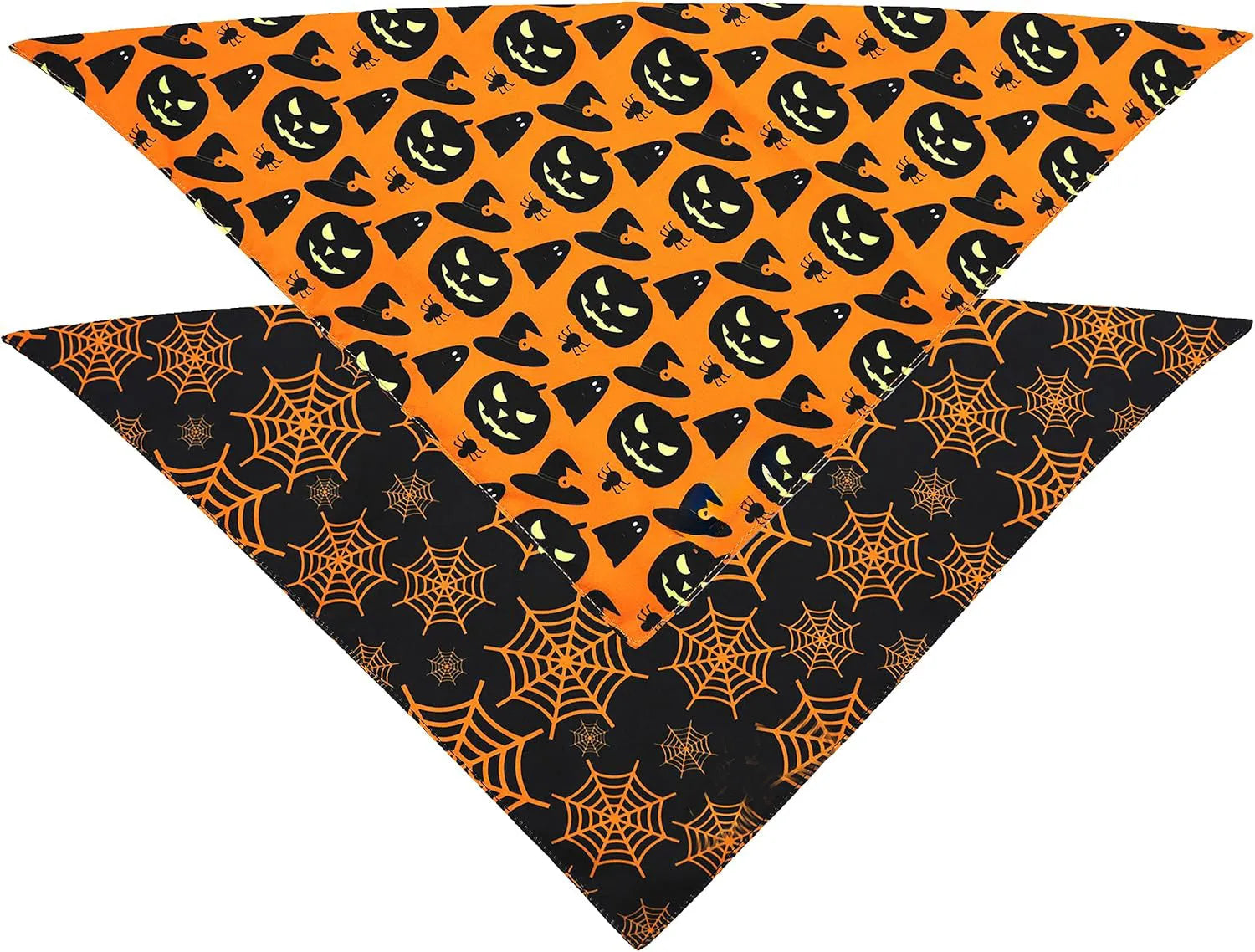 Reversible Halloween dog bandana showing pumpkin and spider web patterns with adjustable neck fastening