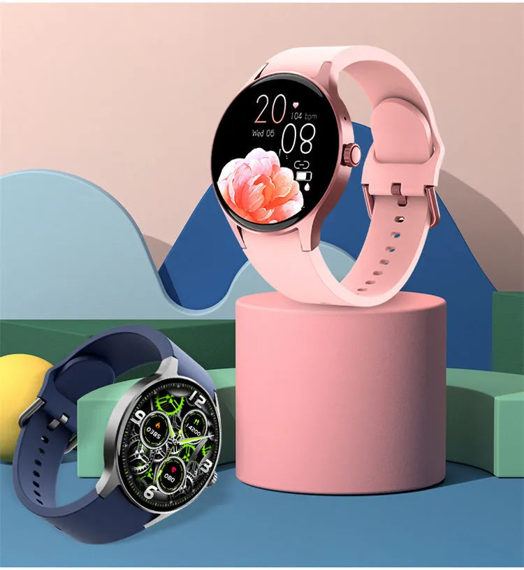 Men's and women's black Bluetooth sport watch with 1.43-inch round screen on wrist, showing display.