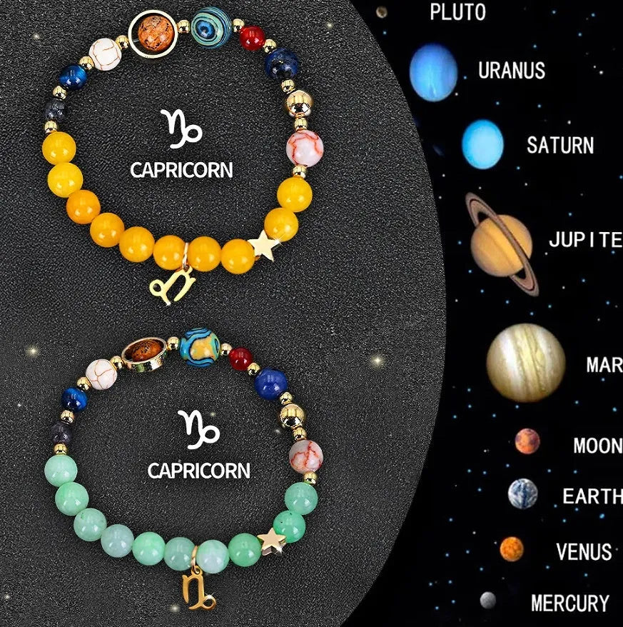 Set of twelve natural stone beaded bracelets, each with a different zodiac sign charm, on a white background.