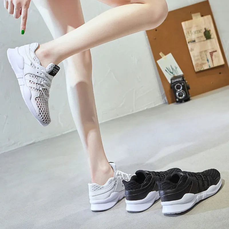 Low-top breathable mesh sneaker with hollow design in various colours on a white background.