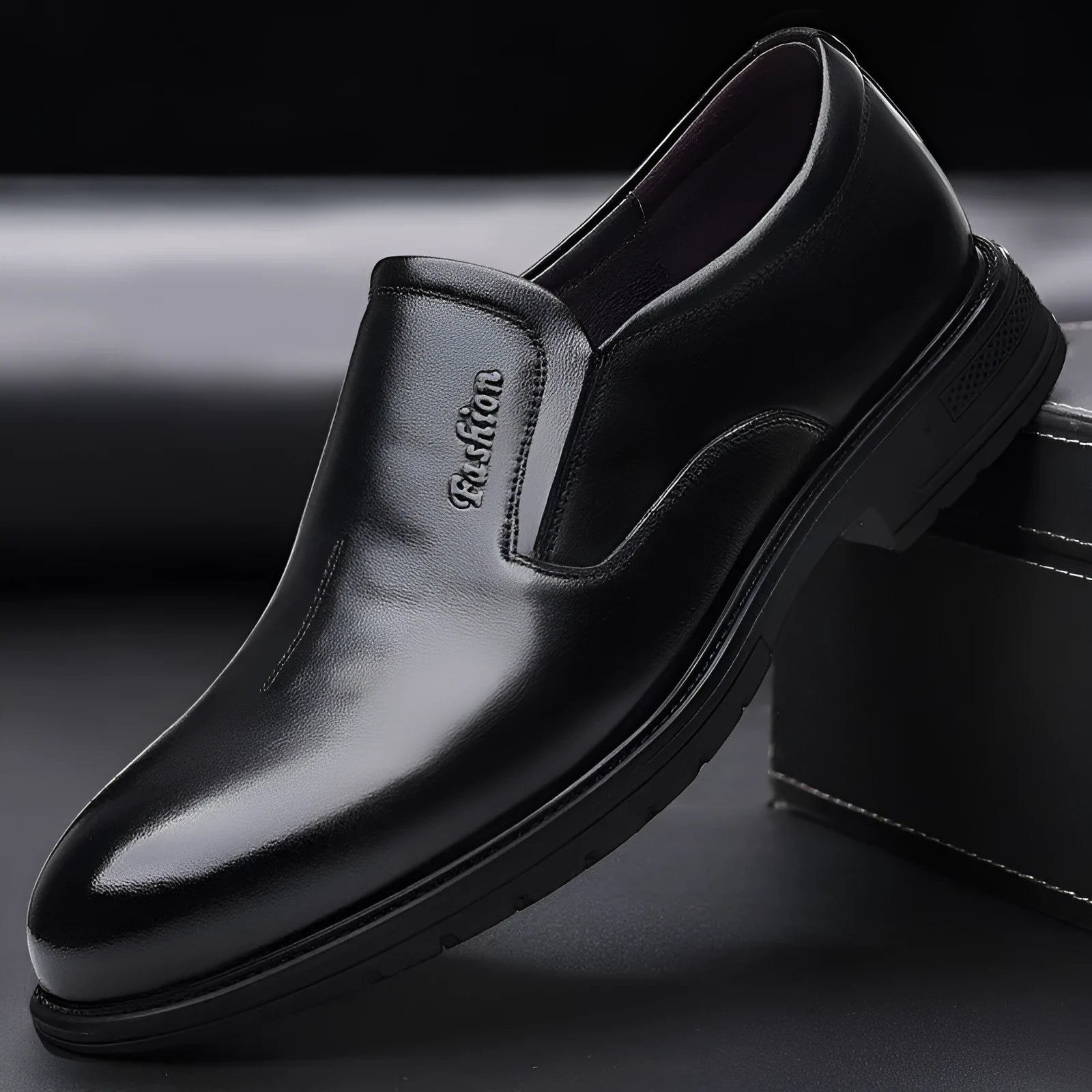 Men's black cowhide formal leather shoes with rubber sole and low upper, side view