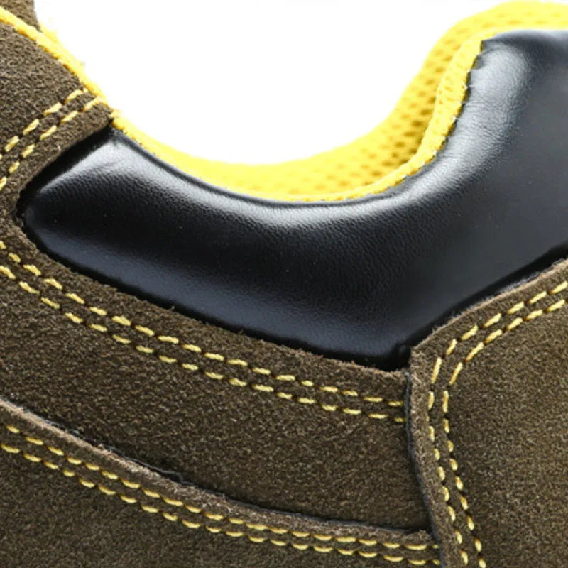 Bronze coloured leather men's steel toe safety shoes with a low-cut design and anti-skid sole.