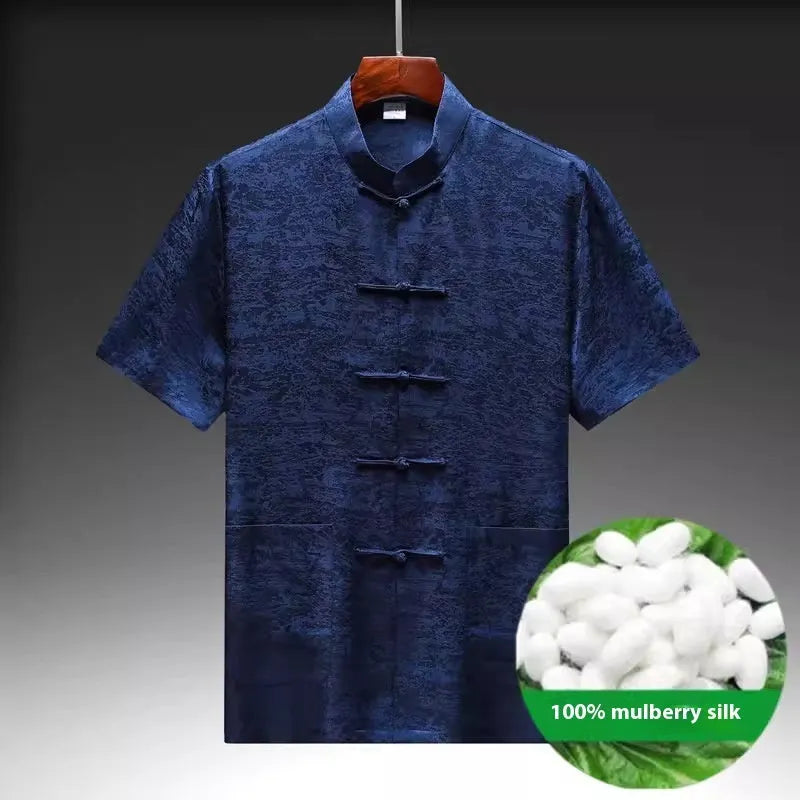 Men's mulberry silk Tang suit in traditional Chinese style with jacket and trousers