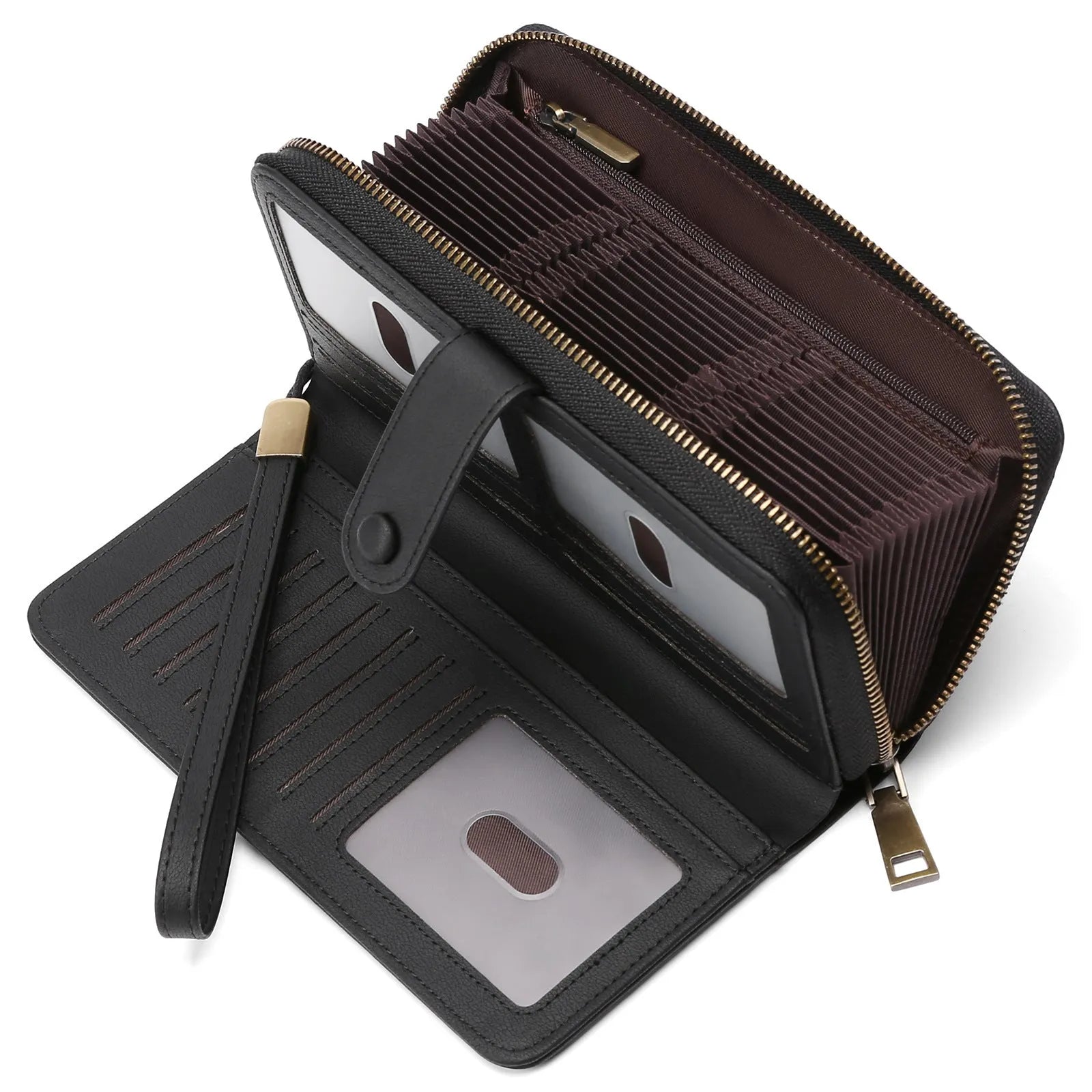 Women's long expanding card holder wallet in synthetic leather with anti-theft swiping feature