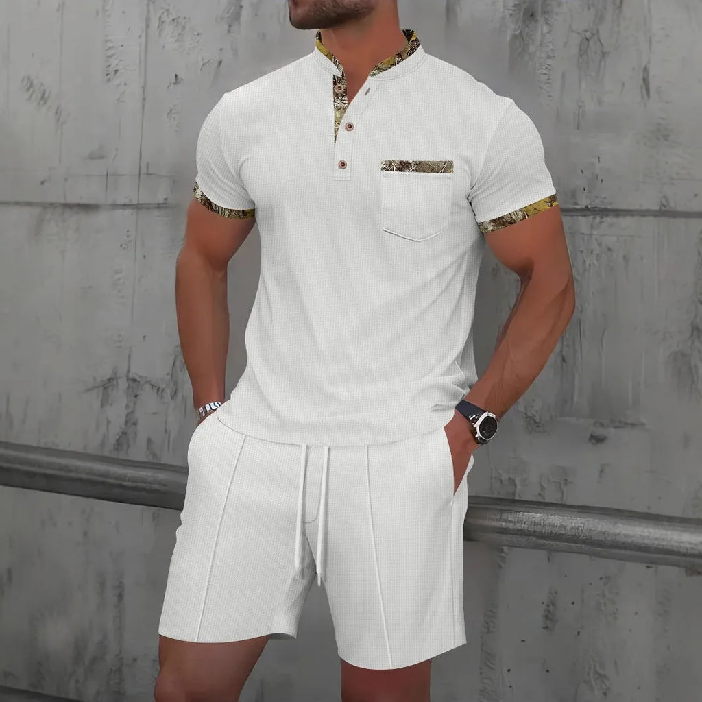 Men's waffle texture short sleeve suit set with zipper polo collar and shorts in solid colour