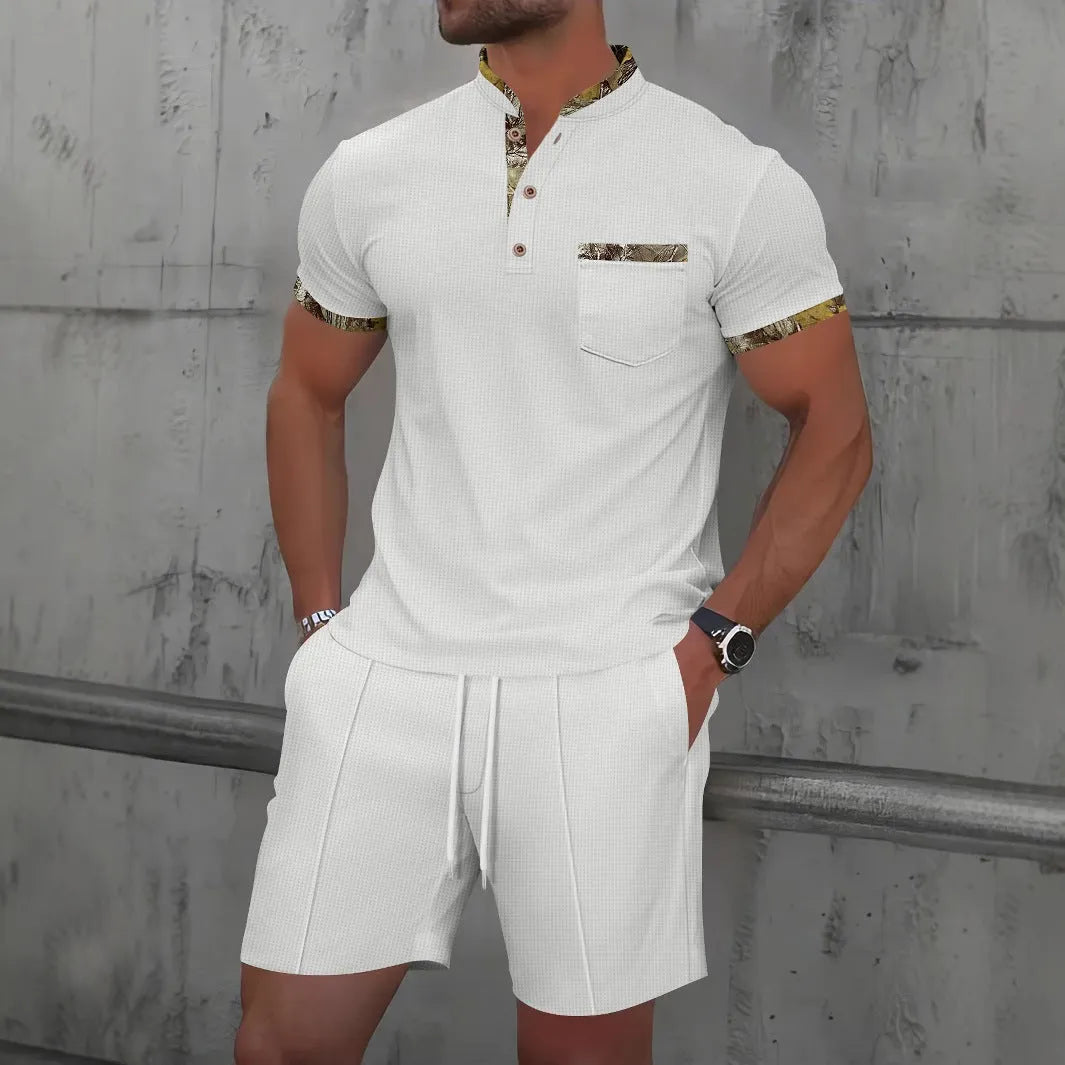 Men's waffle texture short sleeve suit set with zipper polo collar and shorts in solid colour