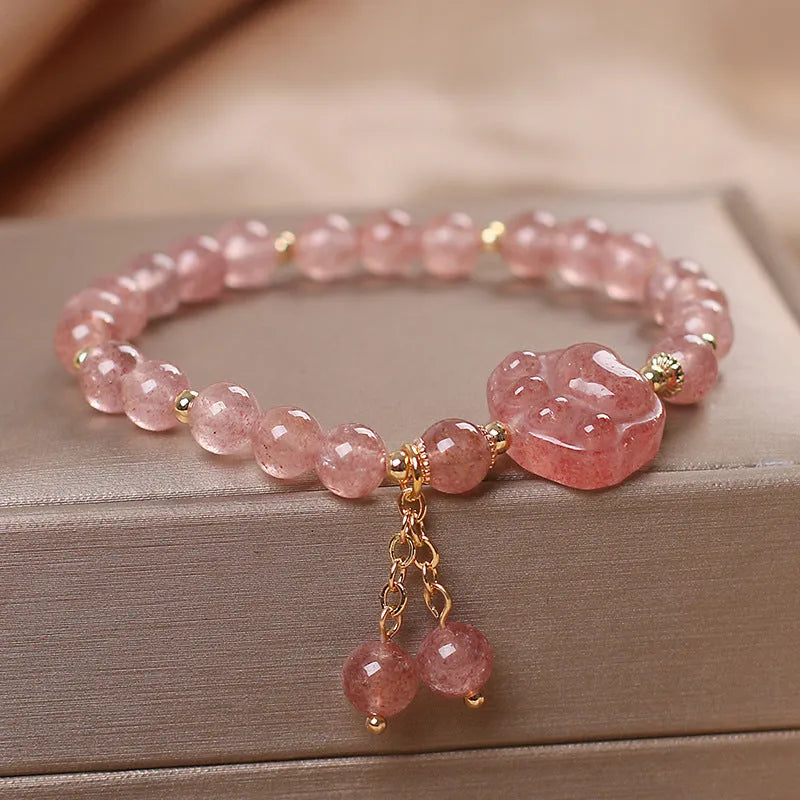 Red lucky cat charm crystal double layer bracelet with elastic closure