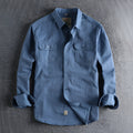 Men's light blue retro cotton long sleeve shirt with regular fit cardigan style