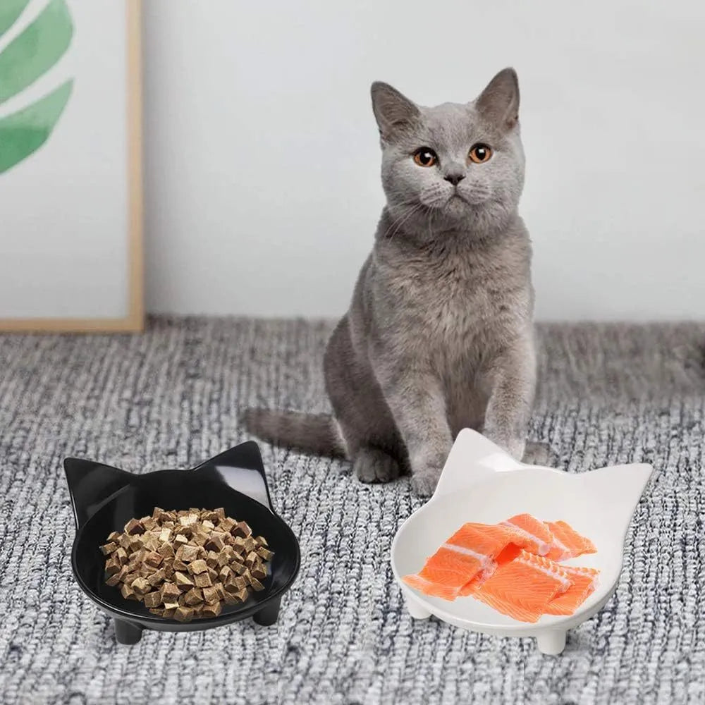 White shallow melamine cat bowl with non-slip rubber base on a wooden table.