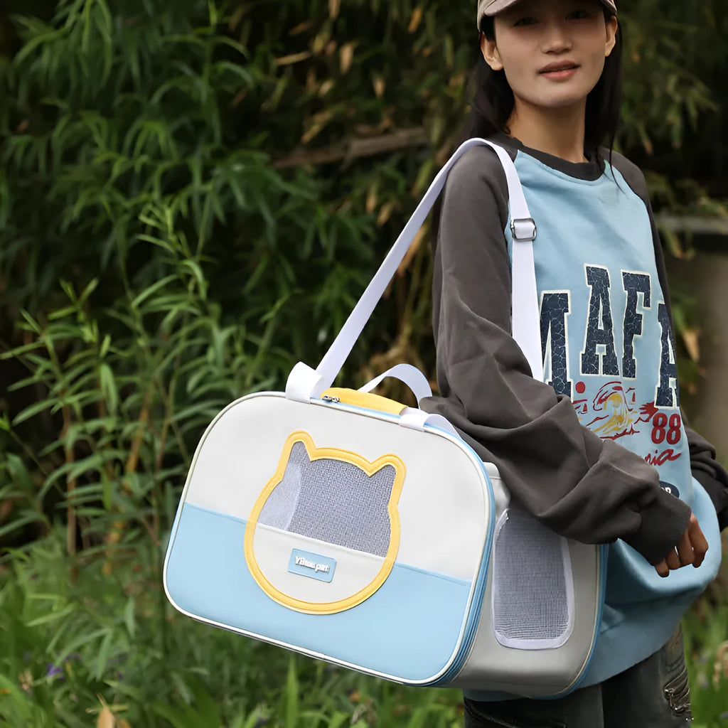 Outdoor portable foldable cat backpack in blue colour with breathable mesh panels