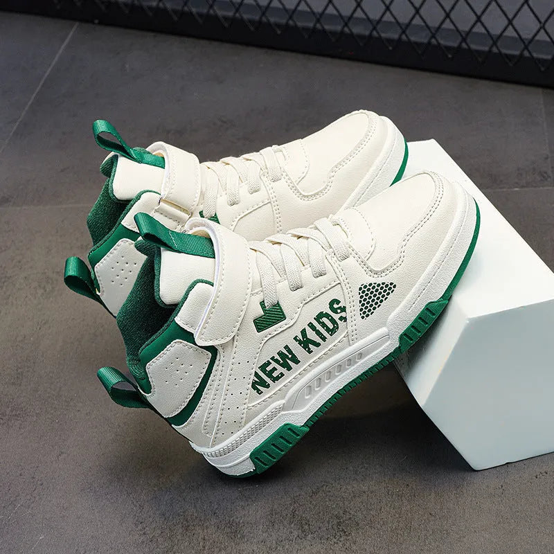 Children's street sneakers with buckle closure in beige green, blue, white and purple, or white powder.
