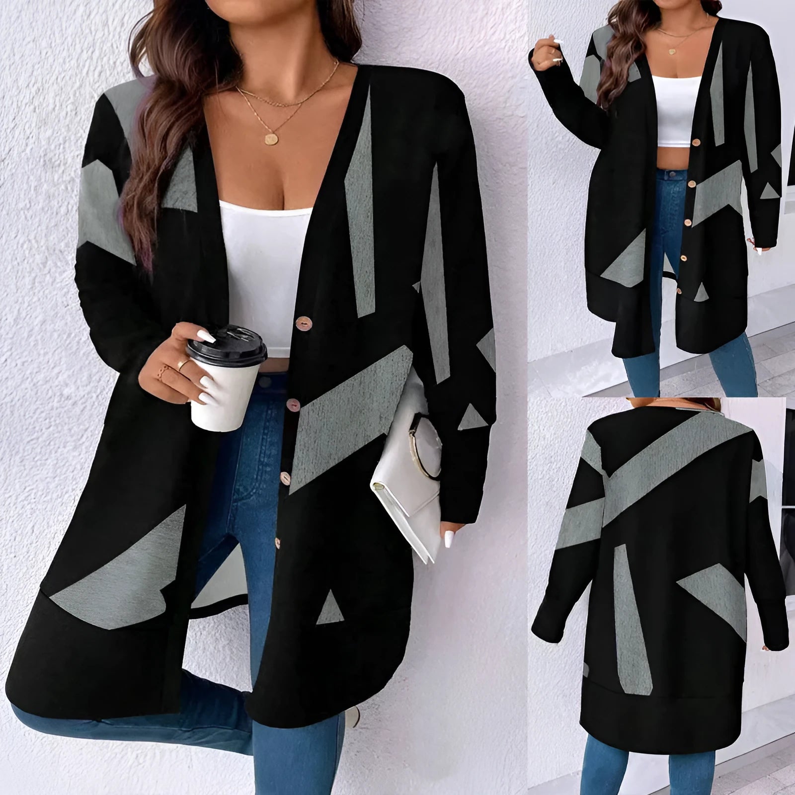 Black plus size polyester cardigan with button fastening in Japanese-Korean casual style