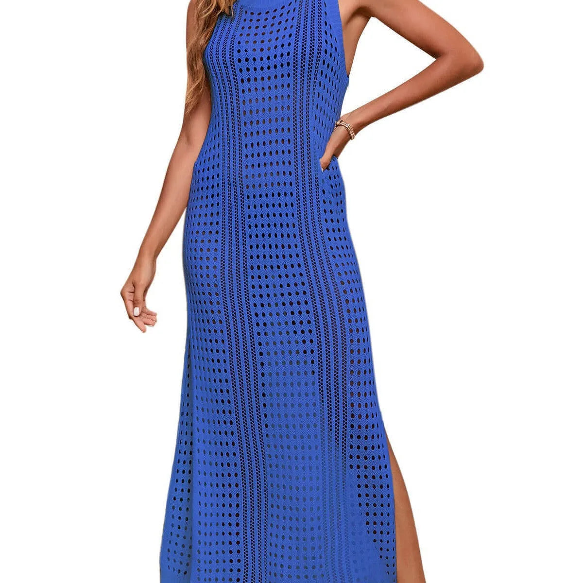 Women's long loose beach blouse with hollow-out knitted design in solid colour options