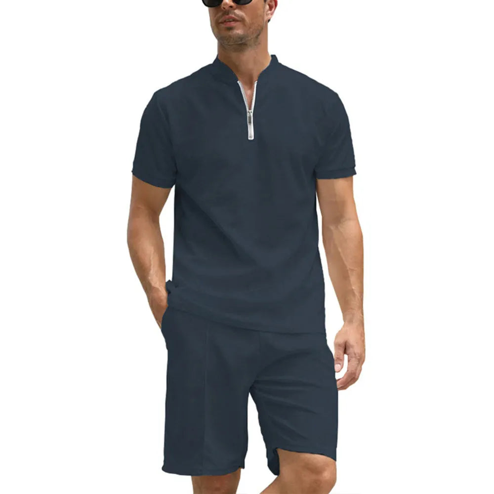 Men's solid colour polo shirt and trouser two-piece set in beaded bird's eye fabric