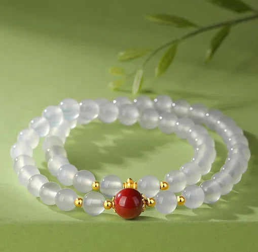 Women's double-layer white agate polished bracelet with 6mm geometric beads in national style