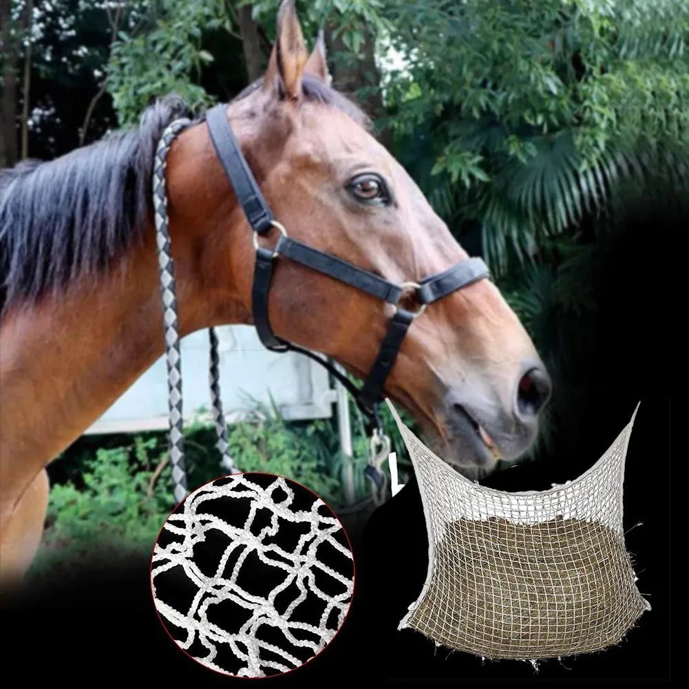 Black woven PE rope hanging feeding bag for horses, shown with hay, next to a white version.