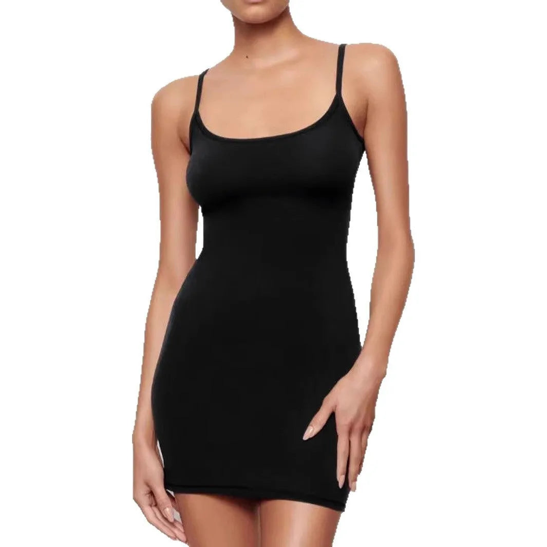 Black sling-style skinny sheath dress with sleeveless design and short skirt.