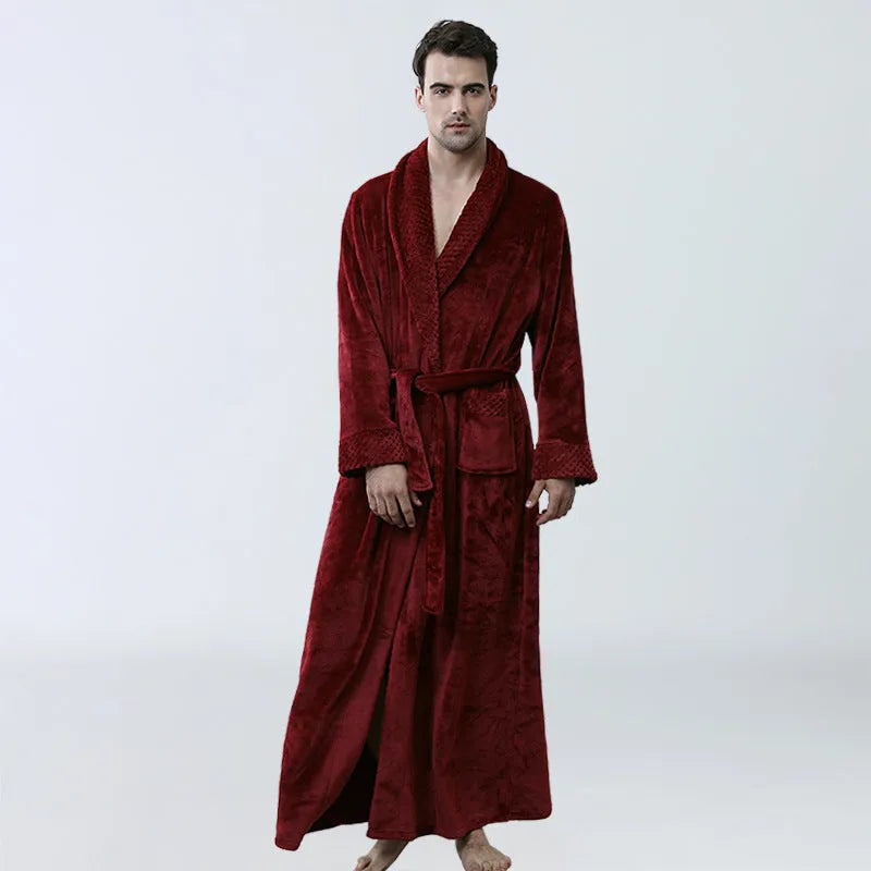 Men's winter coral fleece cardigan nightgown in gray, long sleeves, soft flannel knit for warm sleep
