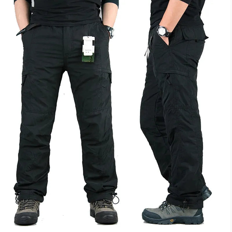 Men's cotton velvet overalls with wool lining in khaki, black, and army green colours showing loose straight leg design