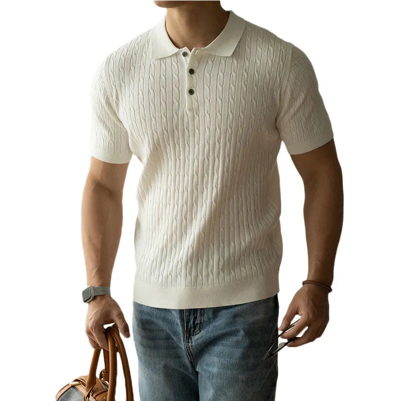 Men's khaki short sleeve casual top for business wear on a grey background