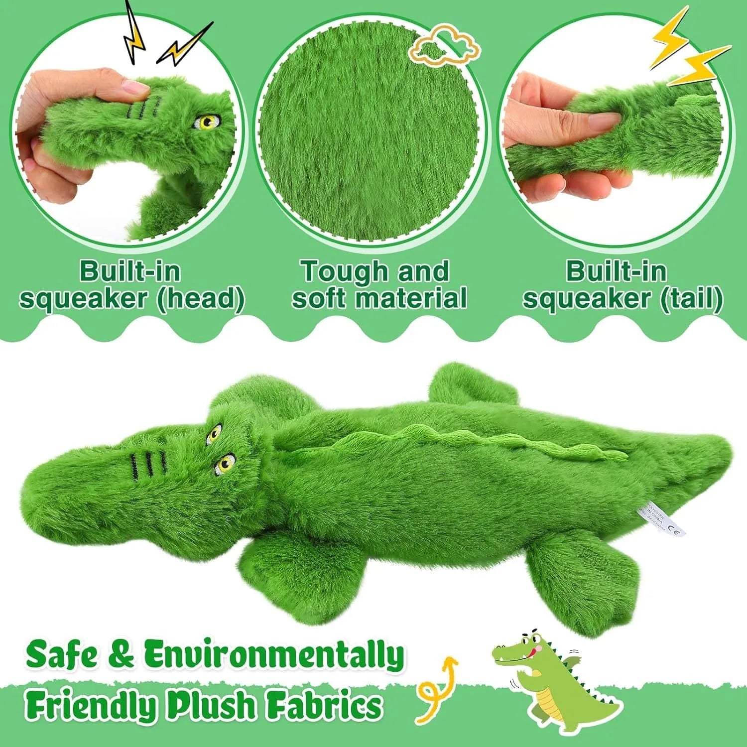 Green crocodile plush dog toy with stuffing-free design for aggressive chewers measuring 20cm