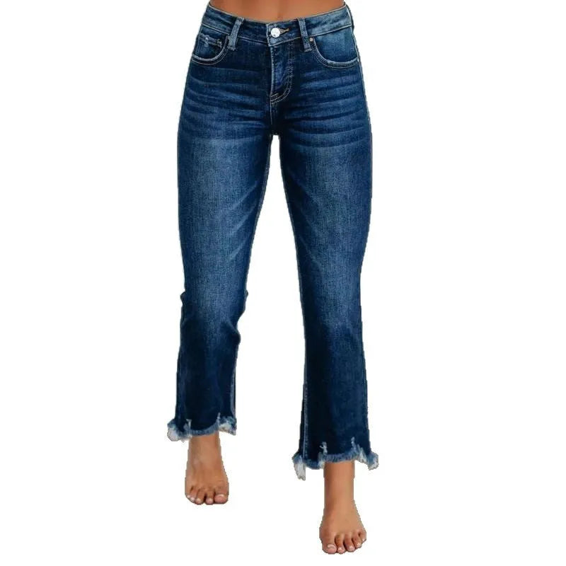 Women's dark blue cotton denim trousers with hand-worn finish, casual style