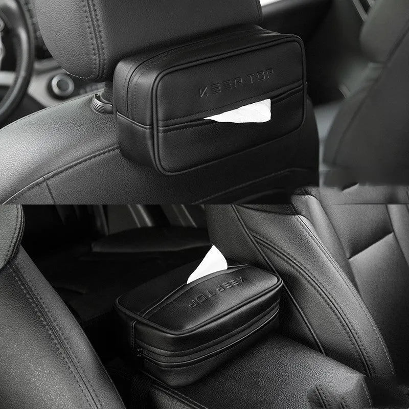 Black PU leather hanging storage box for paper bags, shown suspended, with dimensions 23x13x9cm.