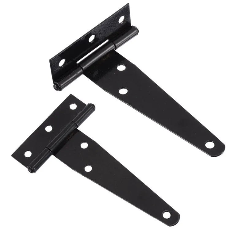 T-shaped iron door hinge for wooden gates, shown in straight arm design.
